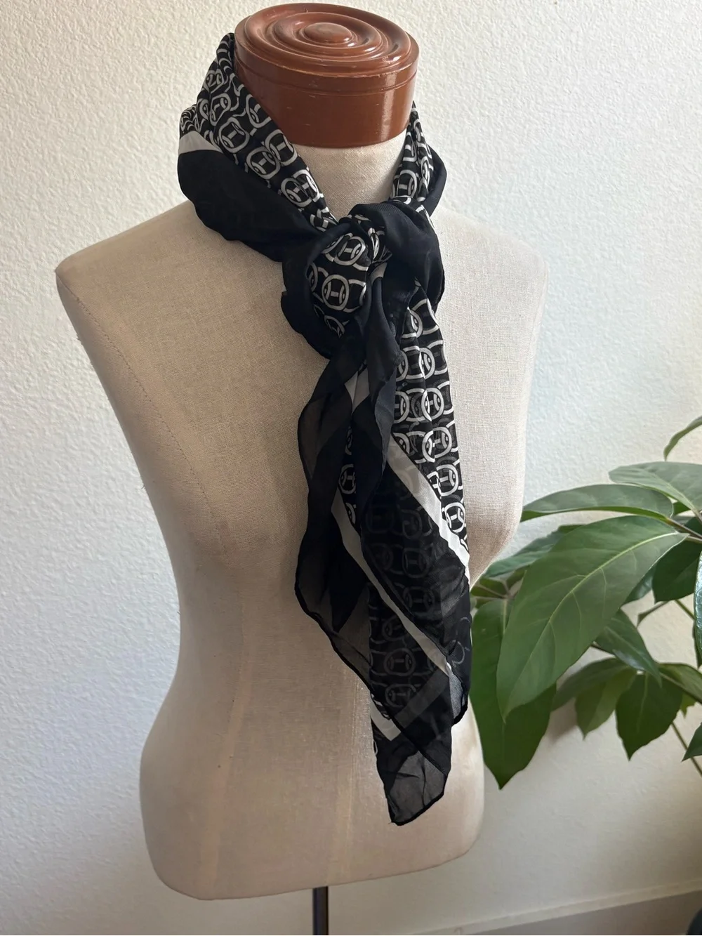 Calvin Klein Black and White Patterned Silk Scarf